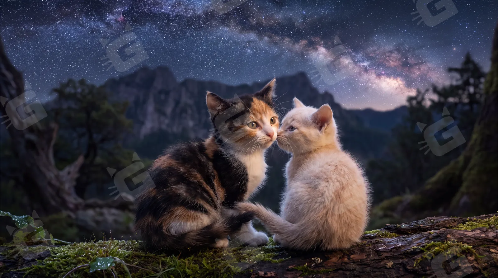 Calico Meets Cream Under the Milky Way