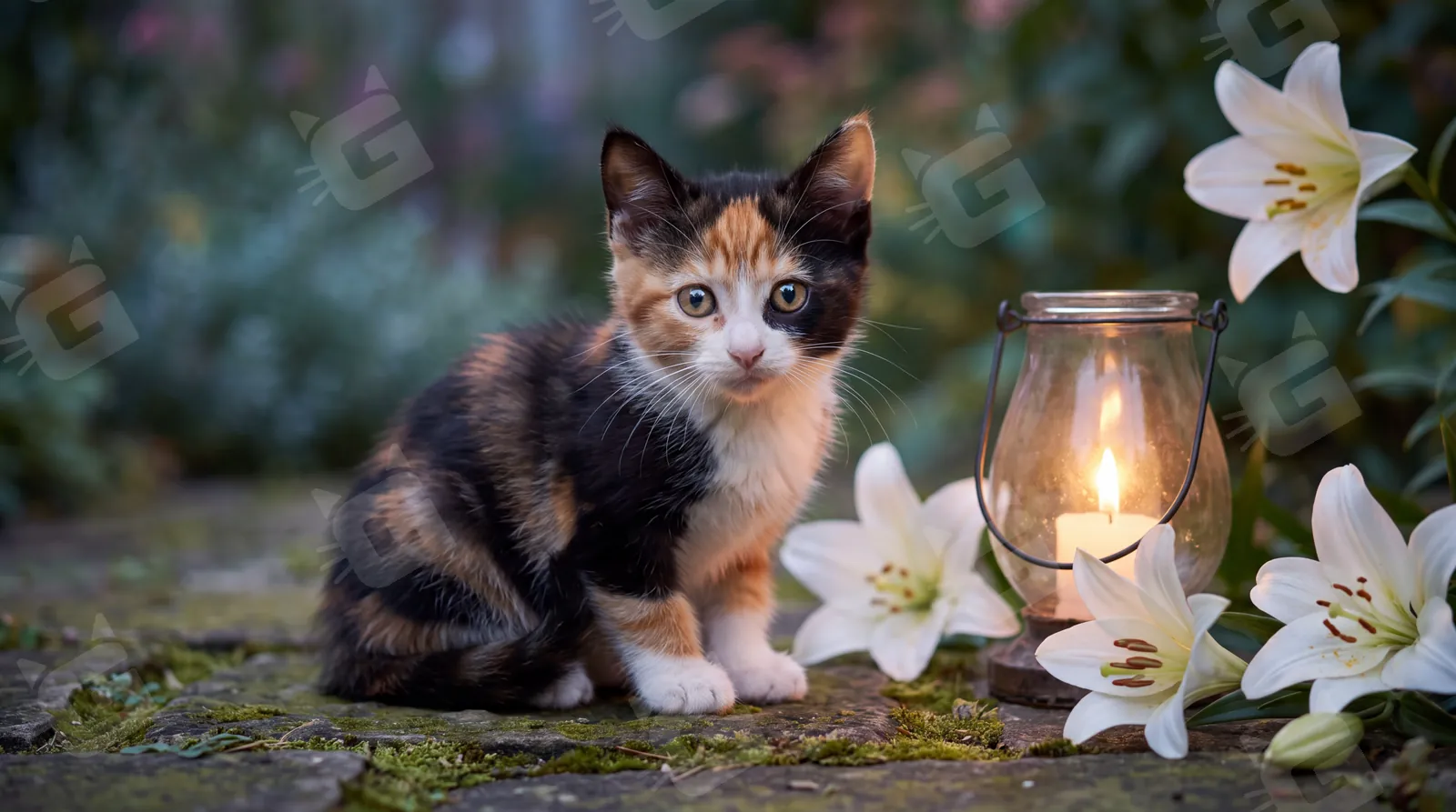 Calico Candle in the Lilies