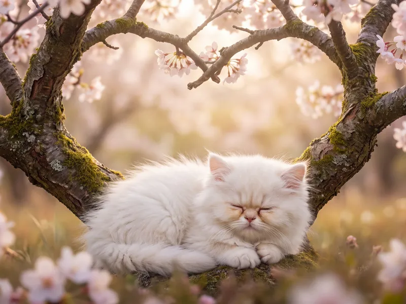 Persian's Slumber Under Blossoms