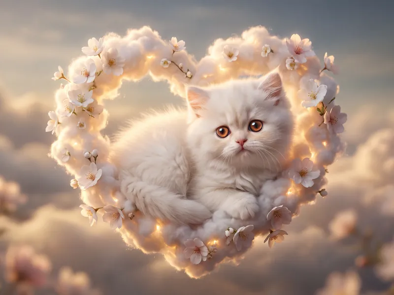 Eternal Embrace Persian Kitten in Cherry Blossom Heart Wreath