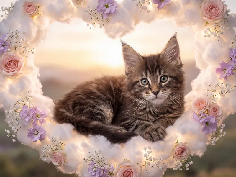 Golden Hour Heart Wreath Maine Coon Kitten Rose Portrait