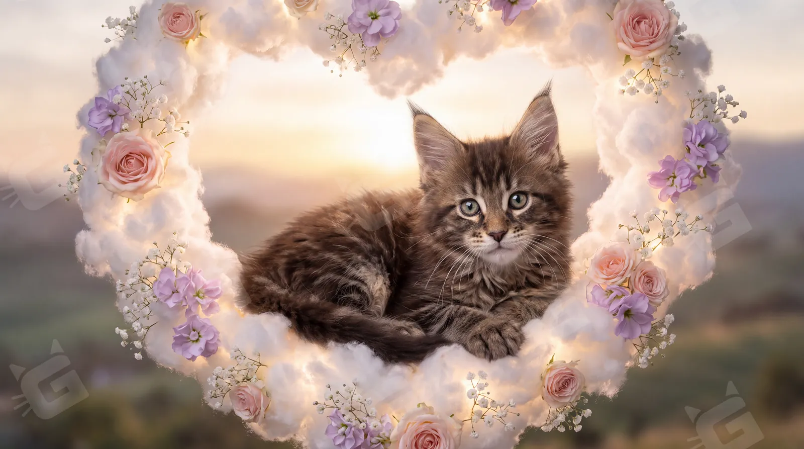 Golden Hour Heart Wreath Maine Coon Kitten Rose Portrait