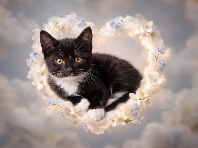 Moonlit Blossom Heart Tuxedo Kitten Remembrance