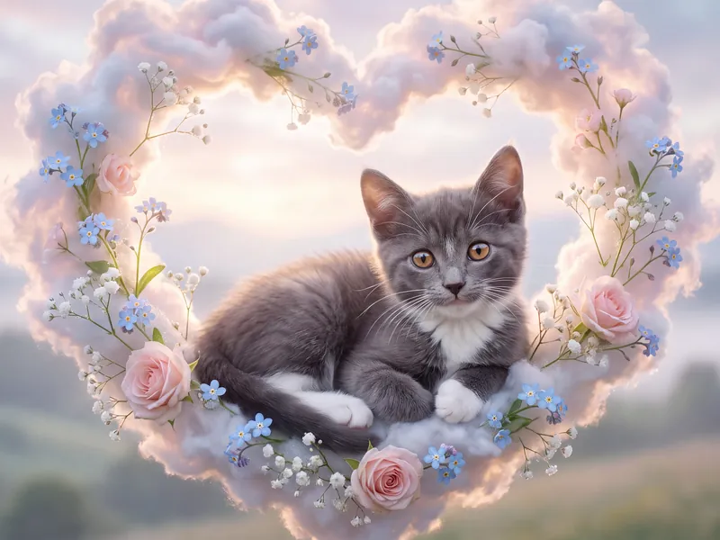 Forget-Me-Not Heart Wreath Gray Tuxedo Kitten Keepsake