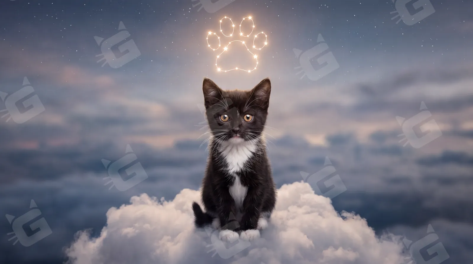 Black Tuxedo Kitten Halo of Stars Paw Print Tribute