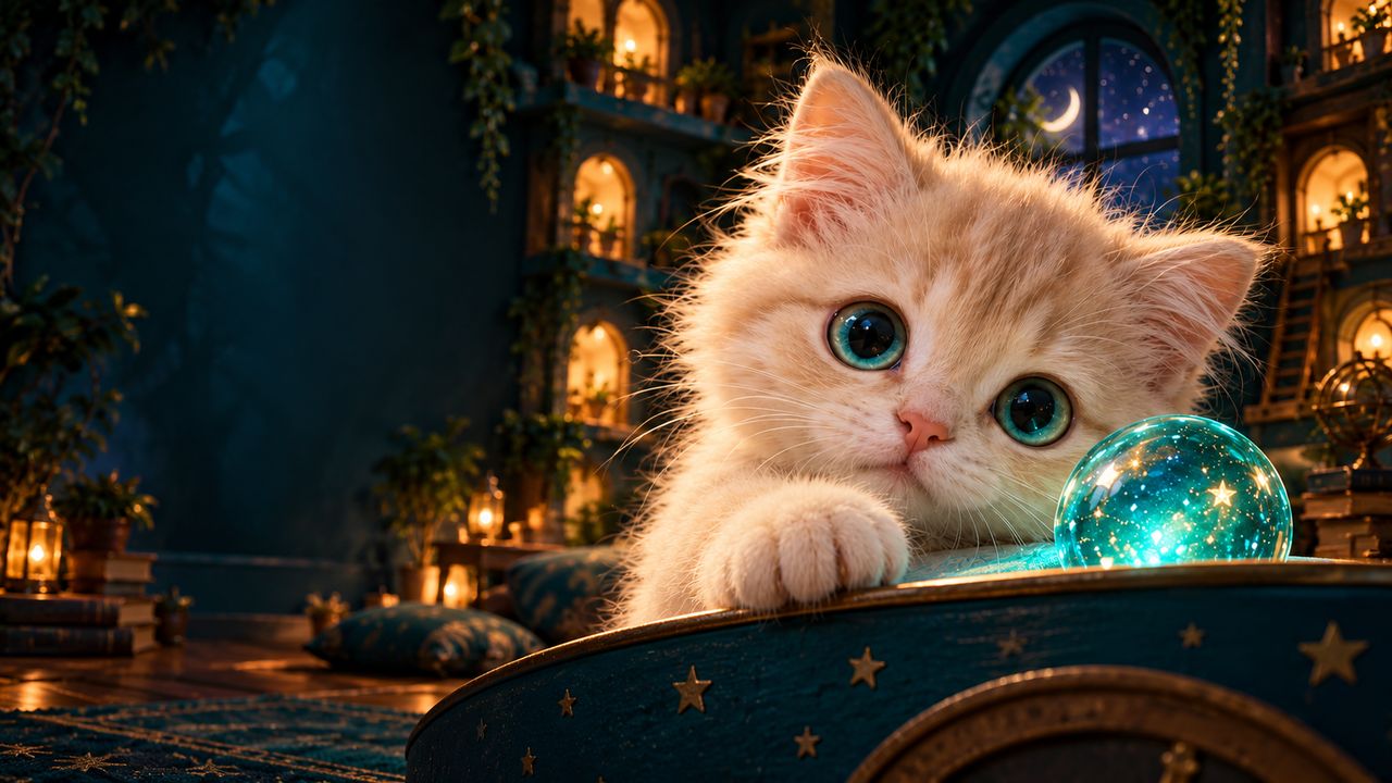A cream baby kitten with blue-green eyes rests a paw on a teal ledge beside a glowing turquoise ball, in a cosy house with amber windows.
