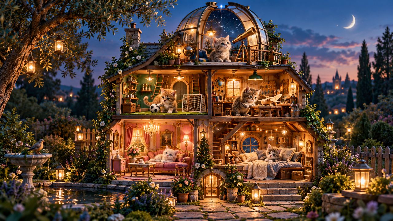 A miniature cutaway house with kittens in an observatory, a sports room, a workshop, a royal salon and a nursery, surrounded by a lantern-lit garden.